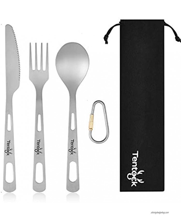 Tentock Titanium Flatware Knife Fork Spoon Set Lightweight Ti Camping Cutlery Set Picnic Utensils with Storage Bag
