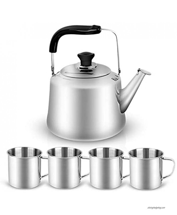 Odoland 4L Camping Kettle Set with 4 Cups Durable Stainless Steel Camp Tea Coffee Water Pot with 4 Mugs for Hiking Backpacking Outdoor Camping and Picnic Carrying Bag Included