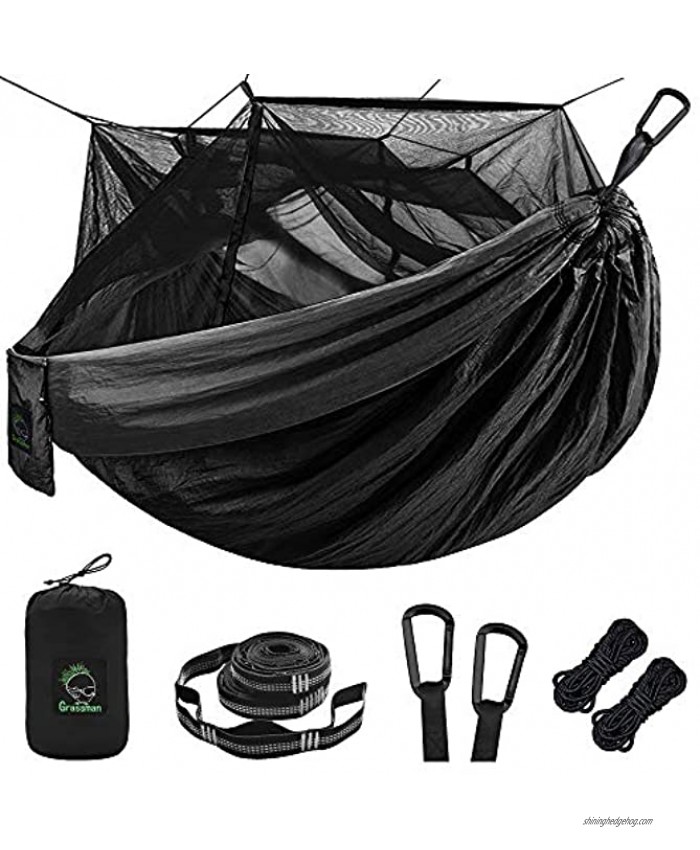 Single & Double Camping Hammock with Mosquito Bug Net Portable Parachute Nylon Hammock with 10ft Hammock Tree Straps 17 loops and Easy Assembly Carabiners for Camping Backpacking Travel Hiking