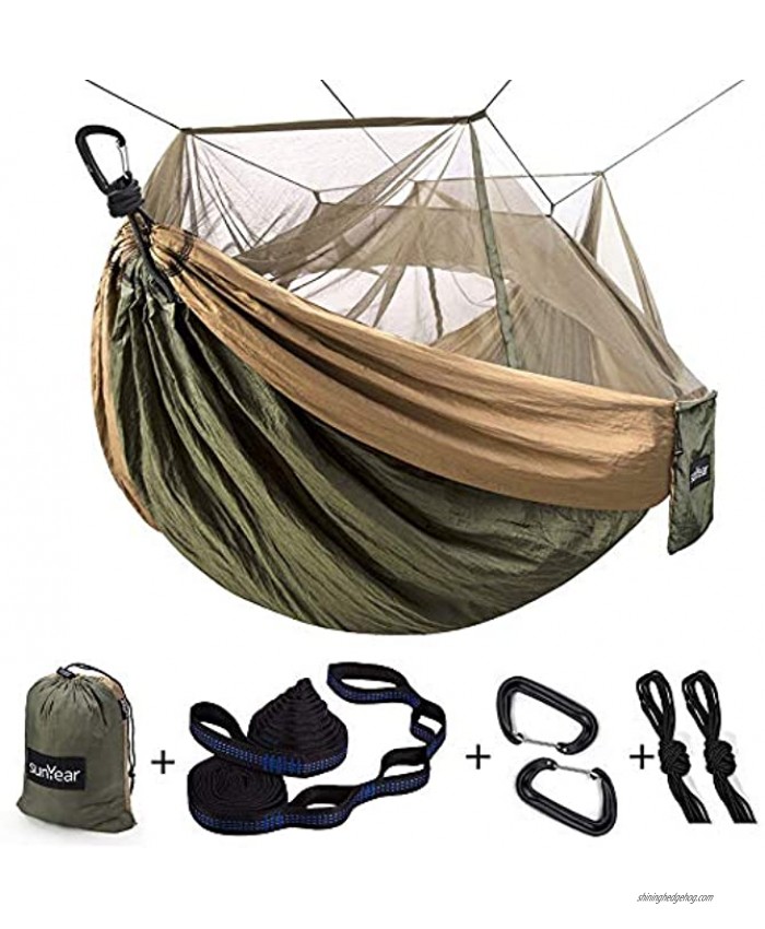 Sunyear Single & Double Camping Hammock with Net Portable Outdoor Tree Hammock 2 Person Hammock for Camping Backpacking Survival Travel 10ft Hammock Tree Straps and 2 Carabiners Easy to Setup