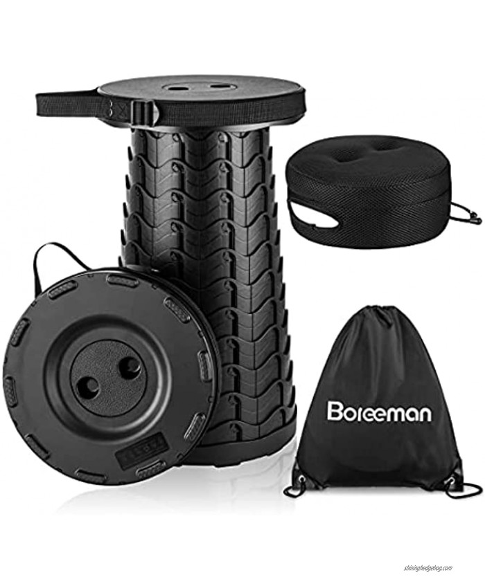 Boreeman Upgraded Folding Stool with Cushion Lightweight Yet More Sturdy with Load Capacity 400lbs Portable Collapsible Stool Retractable Stool for Camping Fishing Hiking BBQ Black
