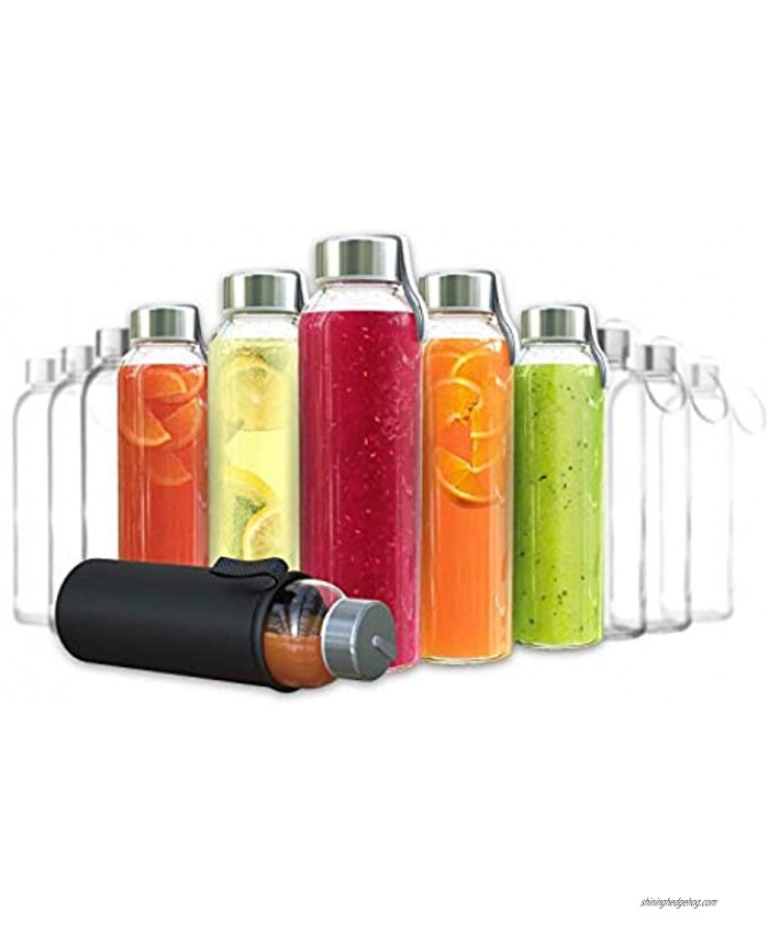 Chef's Star 18 Oz Glass Water Bottles Glass Drinking Bottle with Protection Sleeve Juice Bottles with Stainless Steel Leak Proof Lids Pack of 12