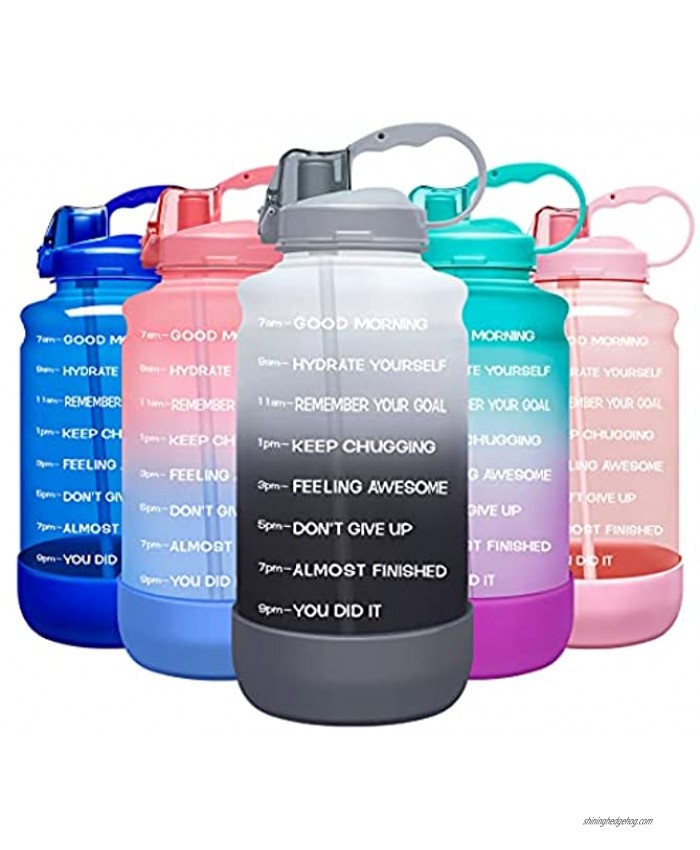 Elvira Large 1 Gallon 128 oz Motivational Time Marker Water Bottle with Straw & Protective Silicone Boot BPA Free Anti-slip Leakproof for Fitness Gym and Outdoor Sports