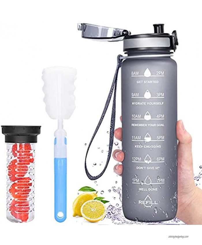 Favofit Water Bottle with Fruit Infuser 32 oz Motivational Water Bottle with Time Marker & Cleaning Brush Reusable & BPA Free Tritan Water Bottle for Sports & Fitness