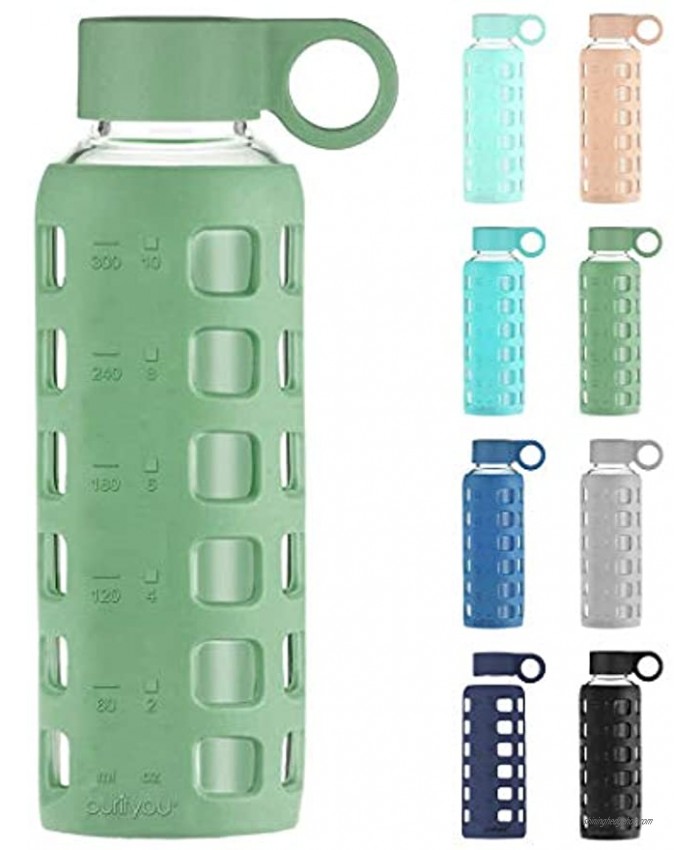 purifyou Premium 32 22 12 oz Glass Water Bottles with Non-Slip Time and Volume Markings Silicone Sleeve & Stainless Steel Lid Insert Sports Bottle | For Water Juice Milk 12oz ShaleGreen