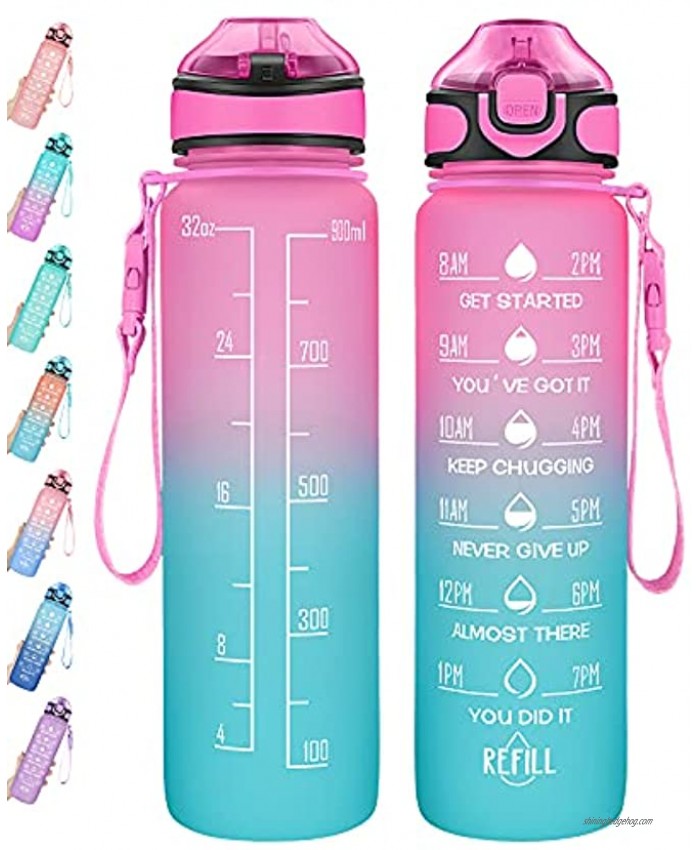 Water Bottle 32oz with Straw Motivational Water Mug with Time Marker & Buckle Strap,Leak-Proof Tritan BPA-Free Ensure You Drink Enough Water for Fitness Gym Camping Outdoor Sports