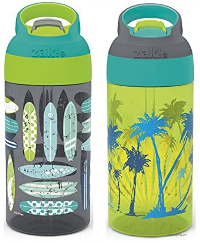Zak Designs 16oz Riverside Beach Life Kids Water Bottle with Straw and Built in Carrying Loop Made of Durable Plastic Leak-Proof Design for Travel 2PK Set Surf Boards-Palm Trees
