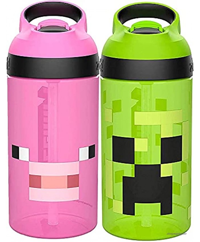 Zak Designs Minecraft Kids Water Bottle with Straw and Built in Carrying Loop Set Made of Plastic Leak-Proof Water Bottle Designs Creeper Pig 16 oz BPA-Free 2pc Set