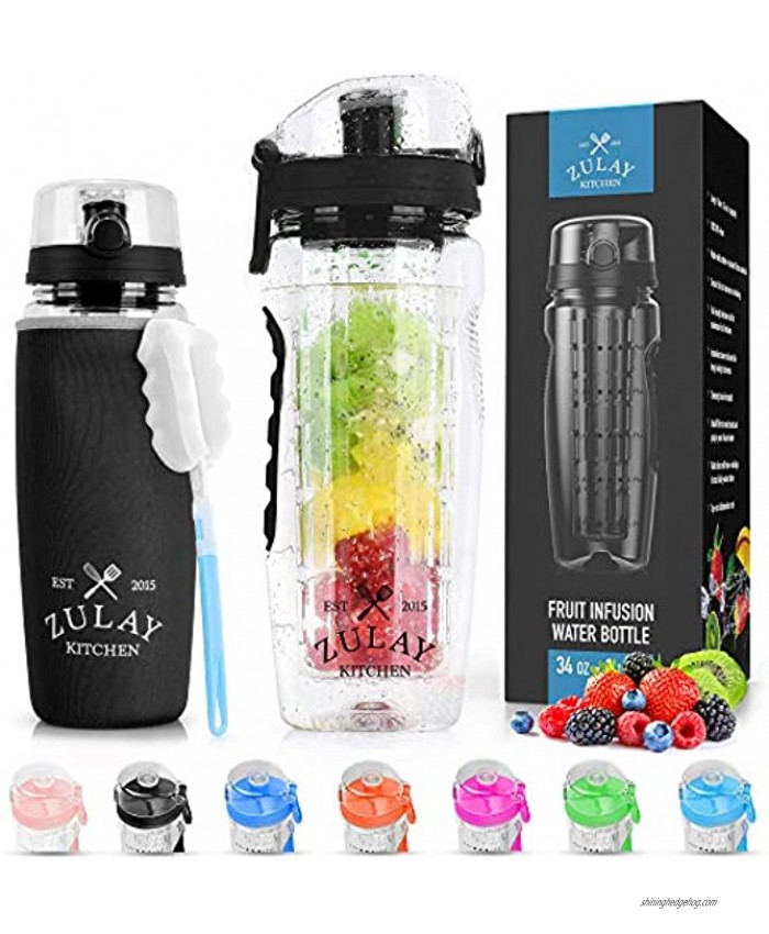 Zulay 34oz Capacity Fruit Infuser Water Bottle With Sleeve BPA Free Anti-Slip Grip & Flip Top Lid Infused Water Bottles for Women & Men Water Infusion Bottle With Cleaning Brush