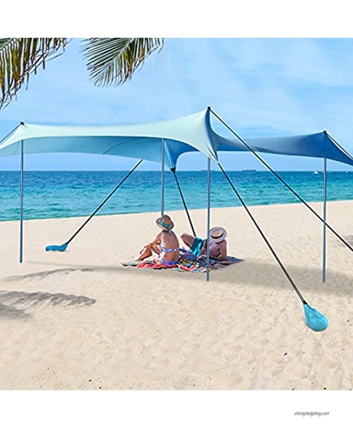 Beach Sunshade Canopy with 4 Aluminum Poles 10 x 10 FT Pop Up Beach Tent Sun Shade with Storage Bag Lycra Fabric UPF 50+ Beach Canopy for Beach Trips Fishing Picnics
