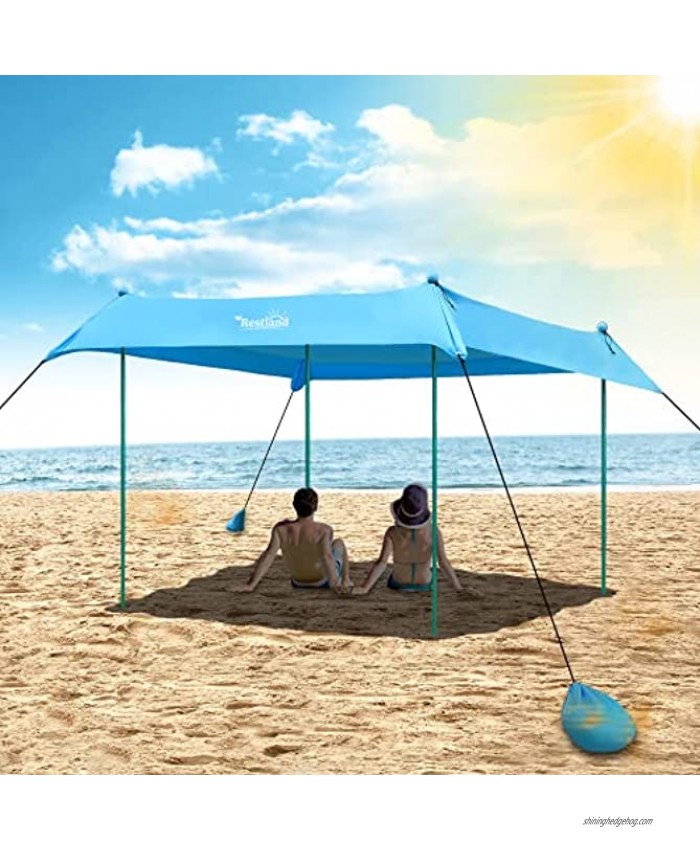 Beach Tent Restland Pop Up Sun Shelter UPF50+ with 4 Aluminum Poles Carry Bag Ground Pegs Sand Shovel Outdoor Canopy Beach Shade for Camping Fishing Backyard or Picnics 10x10FT 4 Poles