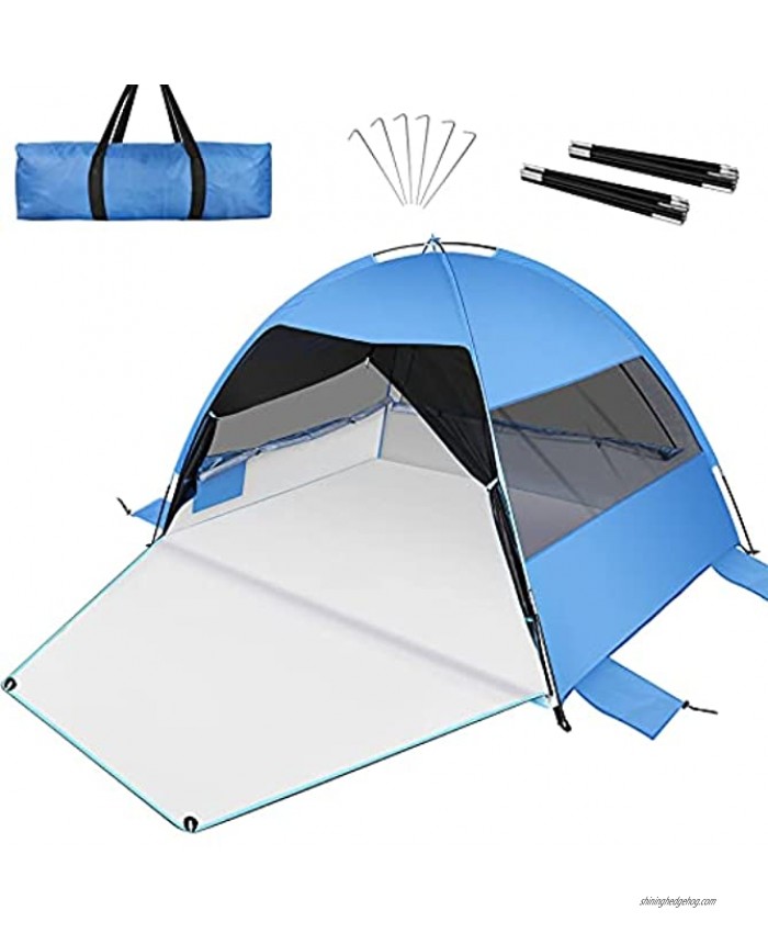 Large Easy Setup Beach Tent,Anti-UV Beach Shade Beach Canopy Tent Sun Shade with Extended Floor & 3 Mesh Roll Up Windows Fits 3-4 Person,Portable Shade Tent for Outdoor Camping Fishing Blue