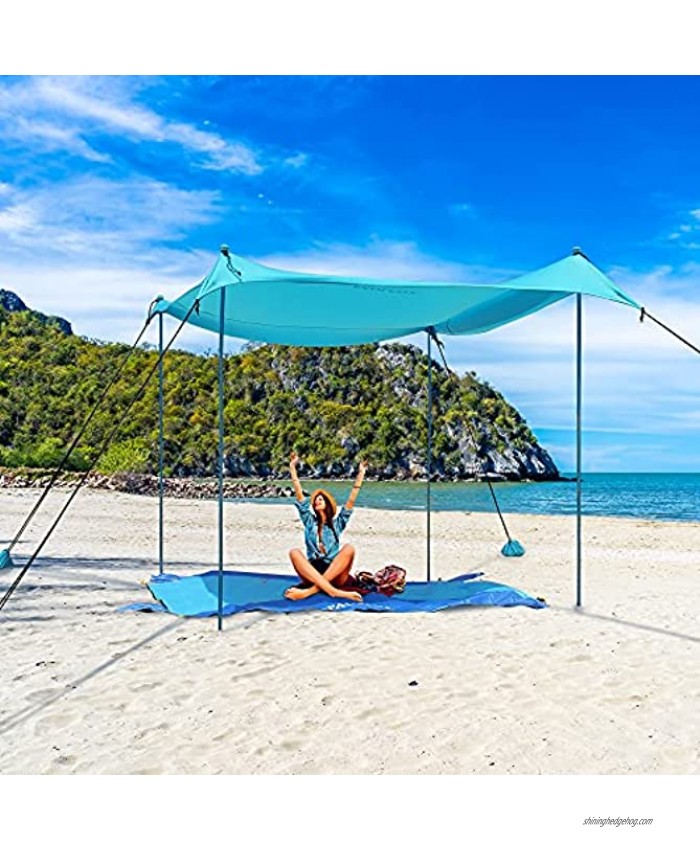 PAOLFOX Beach Outdoor Tent Sun Shade Canopy Shelter UPF50+ w  Sand Shovel Beach Blanket,Carrying Bag,Ground Pegs,Poles Camping Trips Fishing Backyard Fun or Picnics 10x10 FT 4 Poles Blue