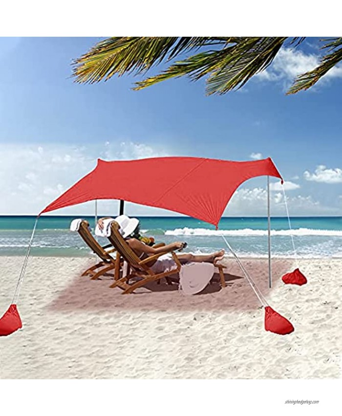 Pop Up Beach Tent Beach Canopy Sun Shelter with UPF50+ UV Protection 2-5 Person Sunshade with 2 Poles 4 Sandbag Anchors 4 Ropes&Storage Bag for Camping,Trips,Picnics 6.9x4.9x5.2ft Red