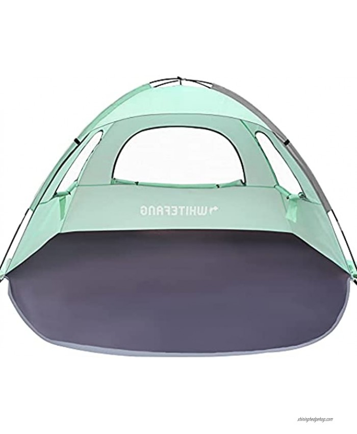 WhiteFang Beach Tent Anti-UV Portable Sun Shade Shelter for 3 Person Extendable Floor with 3 Ventilating Mesh Windows Plus Carrying Bag Stakes and Guy Lines Mint Green