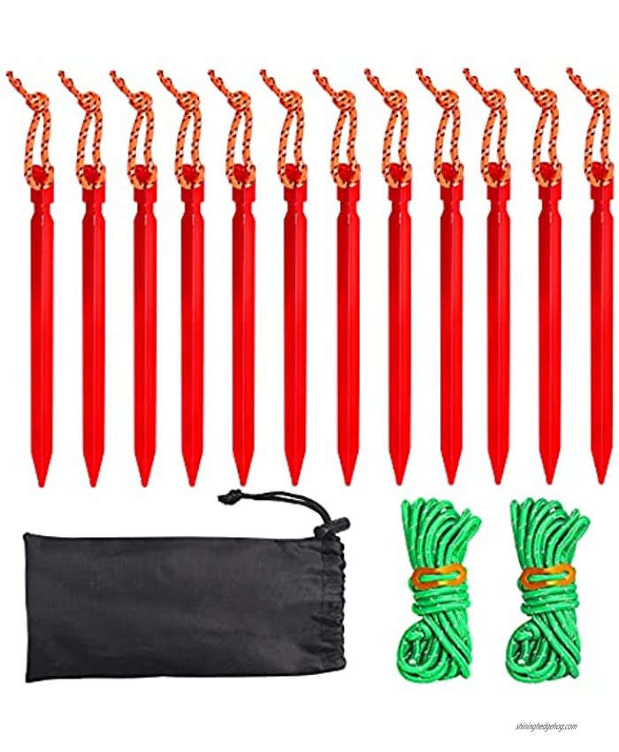 QSWY 12 Pcs Tent Stakes Pegs 18cm Aluminium Alloy with Reflective Rope 2Pcs Guy Ropes and Storage Bag Metal Stakes Tent Stakes Heavy Duty Ground Stakes for Camping,Hiking Backpacking