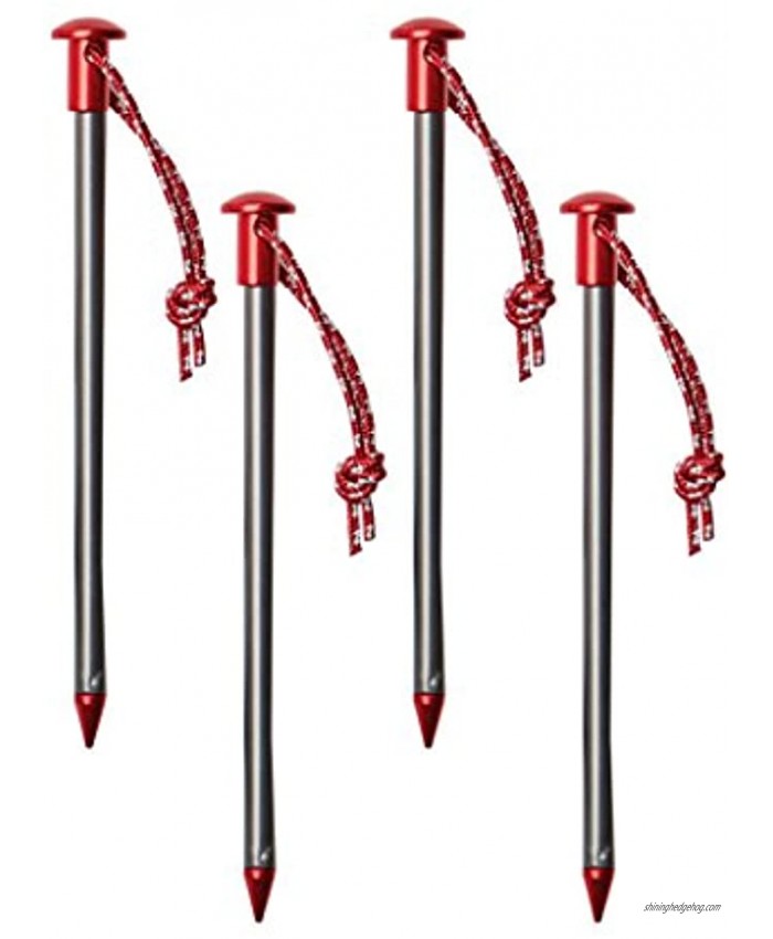 StayPut! Aero 7075 Lightweight Aluminum Anchor Peg Tent Stakes with Reflective Pull Cords for Hammock Camping and Backpacking 4-Pack Titanium Gray & Red