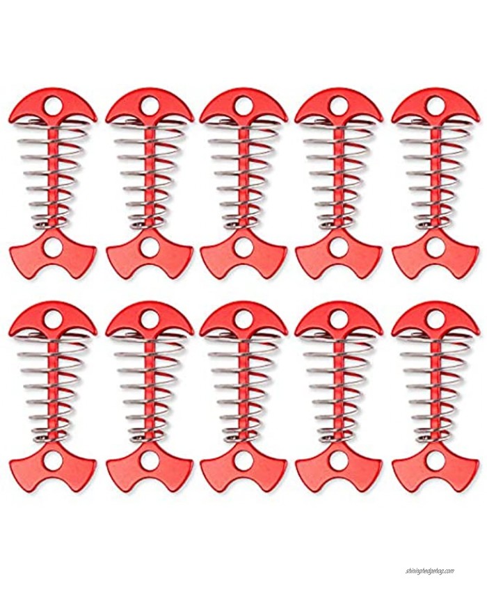 TOBWOLF 10PCS Deck Anchor Pegs Windproof Aluminium Alloy Fishbone Tent Stakes with Spring Buckle Portable Wind Rope Anchor Camping Tent Nail