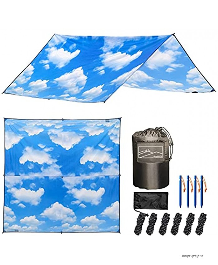 9.75 FT Waterproof Camping Hammock Rain Fly with Cloud and Blue Sky Design; Backpacking and Hammock Tarp and Tent Cover; UV Blocking Rip-Stop Fabric with 6 Tie Downs 4 Stakes 6 Ropes and Storage Bag