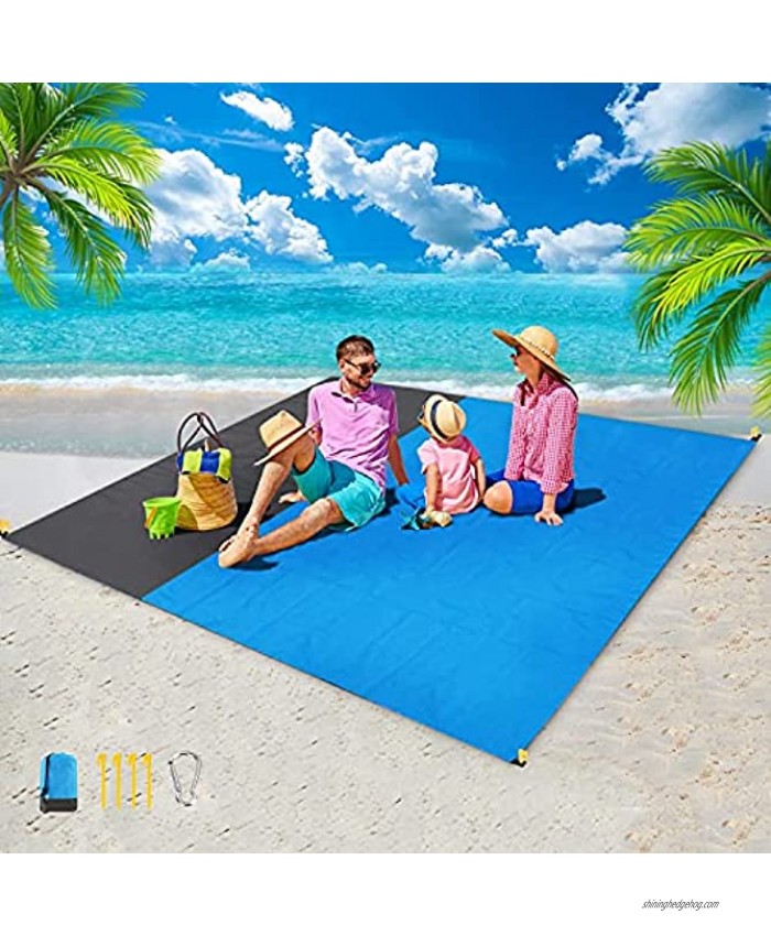 Beach Blanket Sandproof Waterproof Sand Free Picnic Blanket Mat Large Size for Outdoor Camping Hiking BBQ Quick Drying with Compact Pocket 83''×79'' Blue