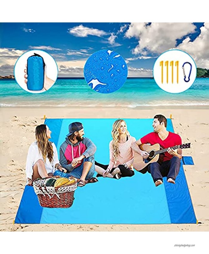 Beach Blanket,SZTMBF Large Waterproof Sandproof Beach Mat for 4-7 Adults,79''×83'' Picnic Blankets,Waterproof Pocket Picnic Blanket for Travel Camping Hiking Blue-2（79''×83''）