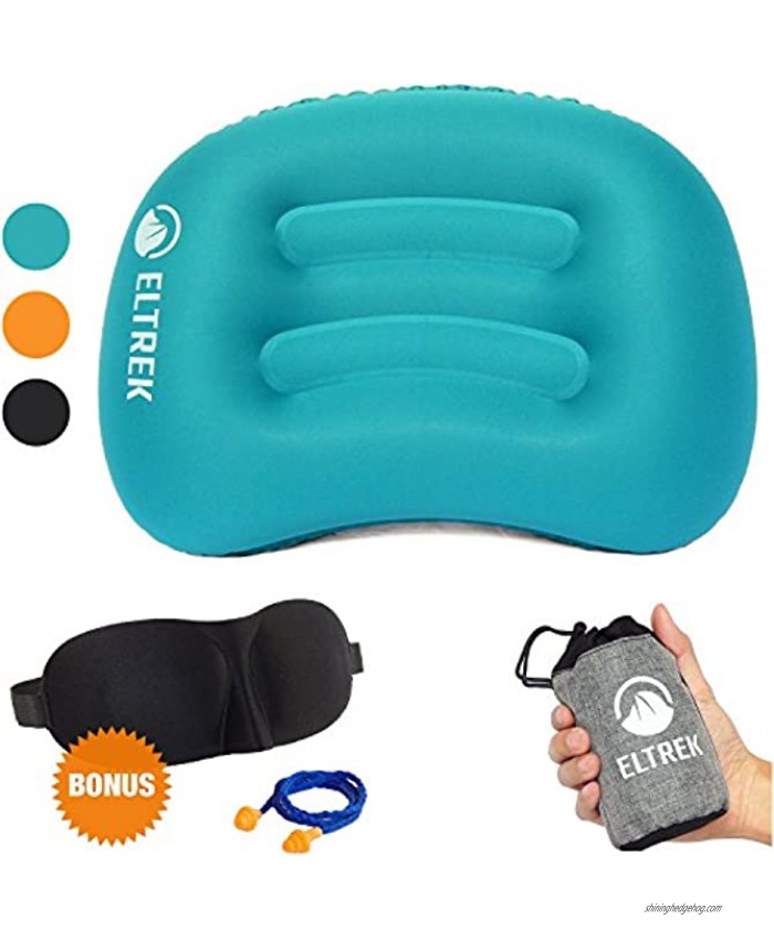 Eltrek Ultralight Inflatable Travel Camping Pillow with Sleep Mask & Ear Plugs Set Compressible Compact Comfortable Ergonomic Air Pillow for Neck & Back Support Blue