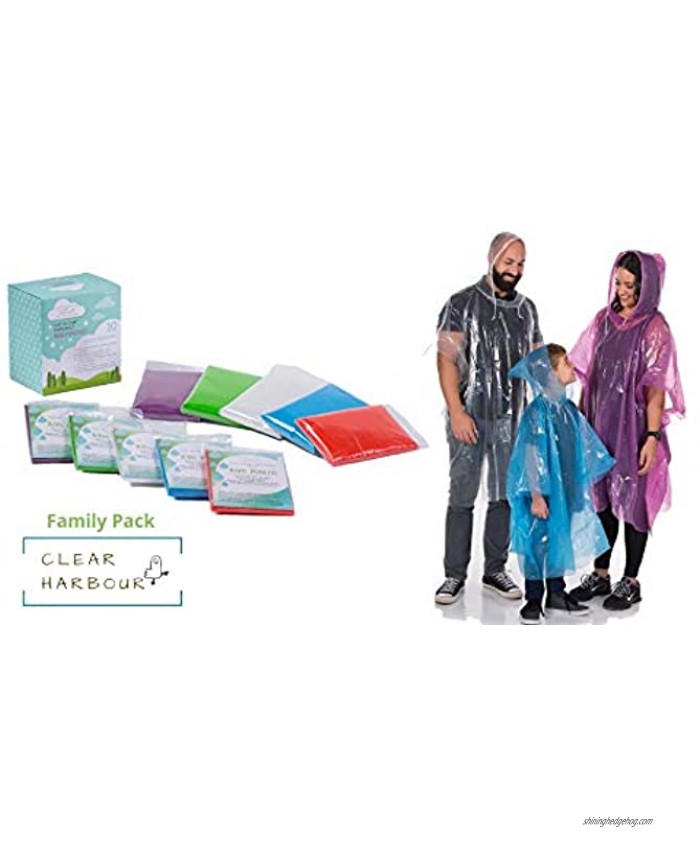 Clear Harbour Emergency Disposable Poncho Family Pack | Thick Reusable .03mm PE Plastic Rain Ponchos for Women Men and Children | Rain Poncho Family Pack for Theme Parks