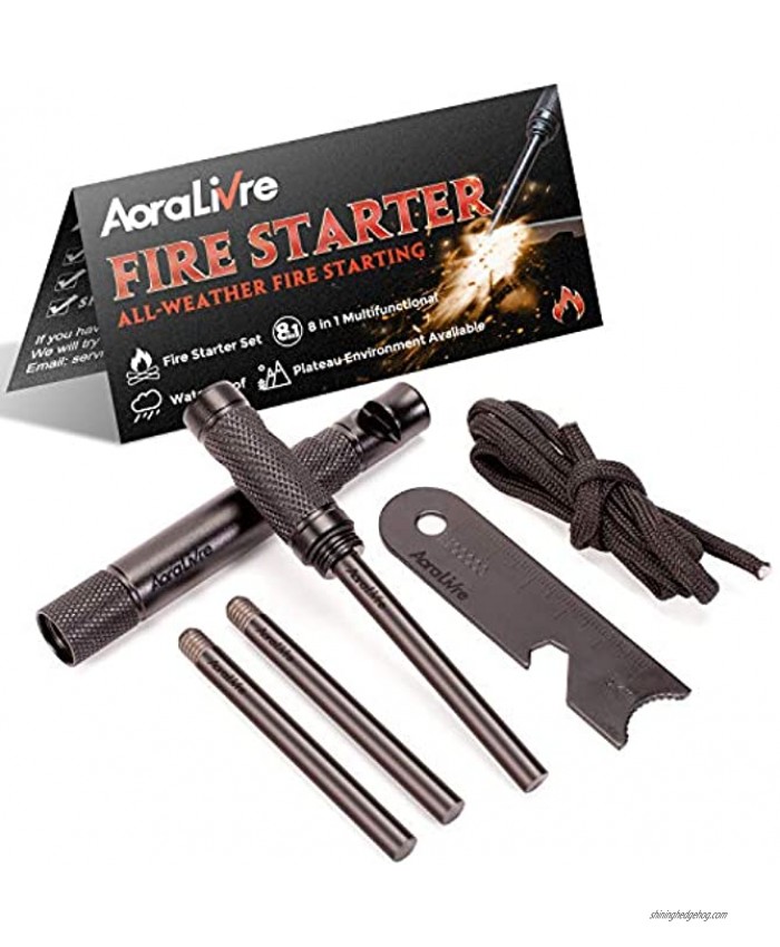 Aoralivre 8 in 1 Fire Starter Sticks 1 Set + 2 Replacement Magnesium Rod Flint Fire Starters Ferro Rods with Compass Map Scale Whistle. Multi Tool Flint Stick for Camping Backpacking Hiking