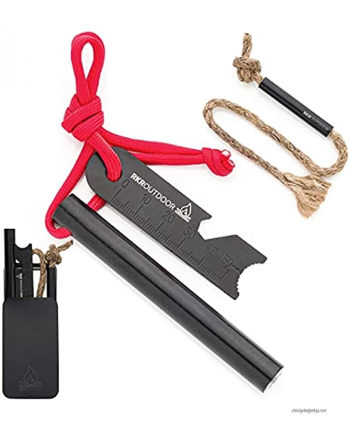 RKR OUTDOOR Ferro Rod Flint Fire Starter Kit + Tinder Wick Bellow with Sliding Box 4 Length 1 2” Thick Ferro Rod with Multi-Tool Striker and Paracord Lanyard + Hemp Wick with Bellow + Sliding Box