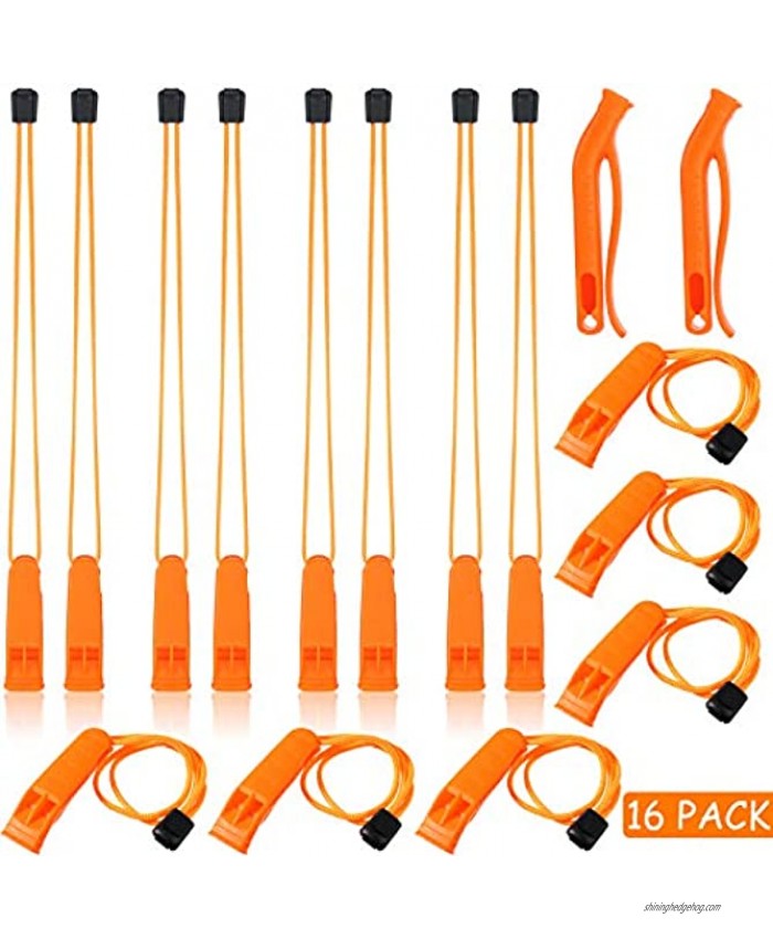 16 Pieces Safety Whistle Emergency Survival Whistle Plastic Signal Whistle Double Tubed Marine Whistle Non-Brittle Whistle with Lanyard for Boating Camping Hiking Hunting Survival Rescue Signaling