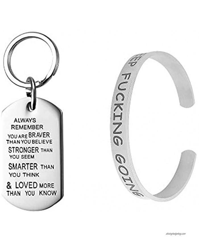 2 pcs Inspirational Bracelet with Ellipse Keychain FineGood Stainless Steel Engraved Cuff Bangle Personalized Silver Bracelet for Women Gifts