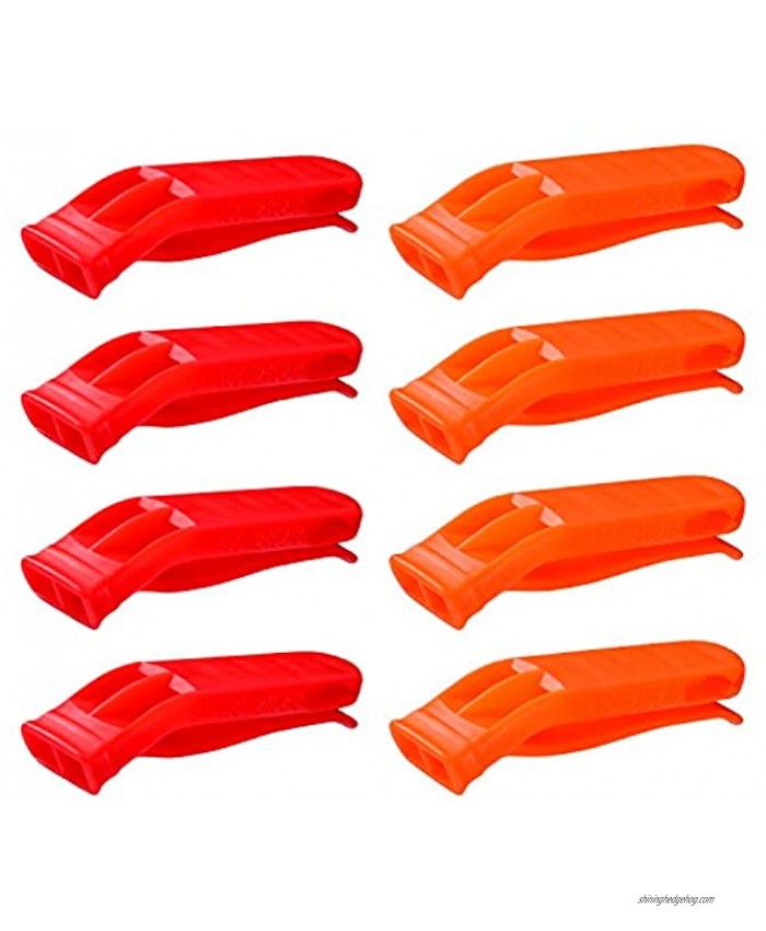 Shappy 8 Pieces Emergency Whistle Safety Whistles Plastic Whistle Set for Boating Hiking Camping Red and Orange