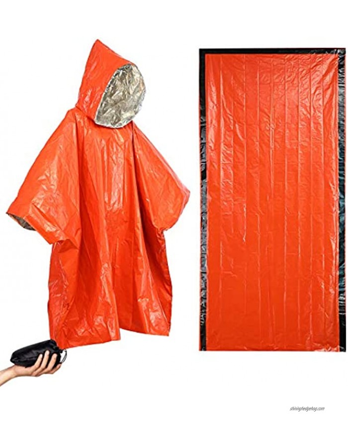 Emergency Poncho -Sleeping Bag Whistle Waterproof Heat Reflective Survival Silver Foil Blanket Great for Camping Hiking Traveling 1 Orange