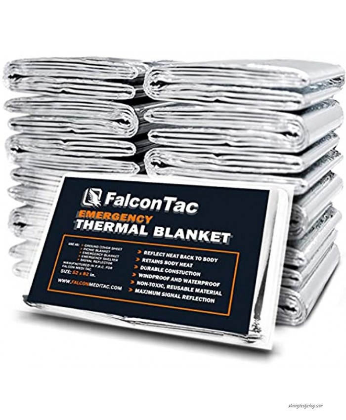 FalconTac Emergency Thermal Blanket Pack of 10 Space Blanket Survival Blanket -Mylar Blanket Designed NASA| Perfect for Outdoor Hiking Survival Emergency Camping First Aid Kit