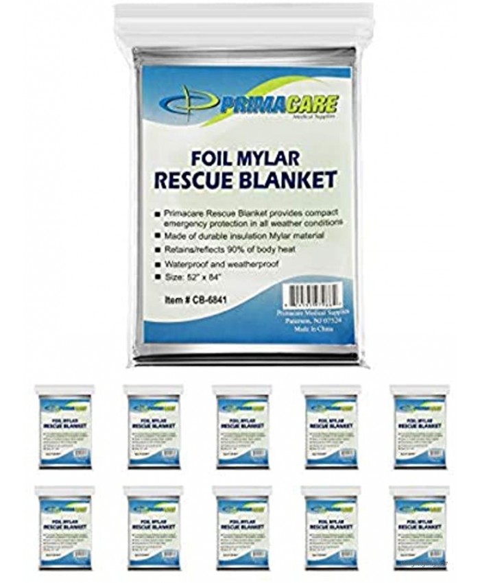 Primacare HB-10 Emergency Foil Mylar Thermal Blanket Pack of 10 52 Length x 84 Width Silver