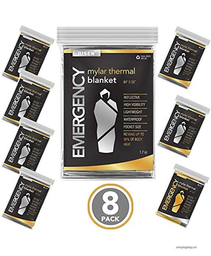 Risen 8 Pack Emergency Foil Mylar Thermal Blankets Retains 90% of Body Heat High Reflective Space Safety Blanket Ideal Supply for Survival Outdoors Camping Hiking Marathons or First Aid