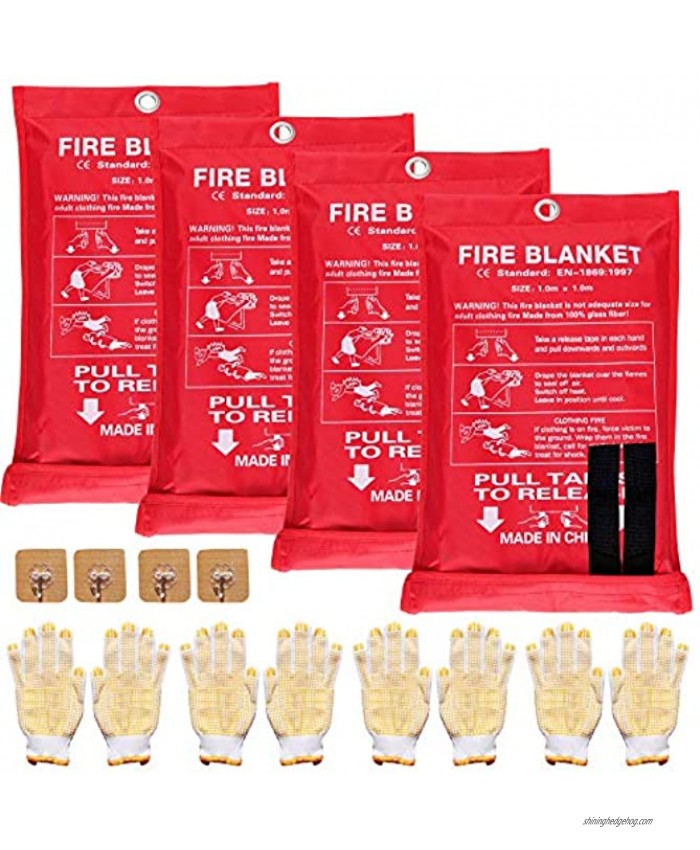 ZEONHEI 4 Pack Fire Blanket Fiberglass Fire Emergency Suppression Blanket with 4 Pair Heat Resistant Gloves Flame Retardant Fire Blankets Emergency for Home Mall School Car 40 x 40 Inch