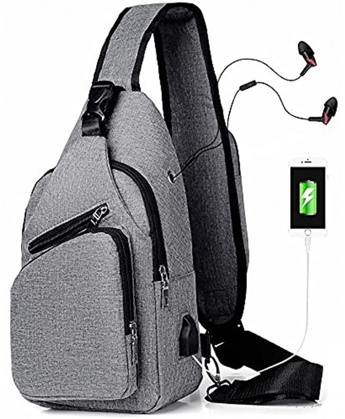 NUFR Sling Bag Crossbody Backpack for Women Men Waterproof Chest Shoulder Bag Daypack for Hiking Walking Travel Cycling USB Charger Port Gray