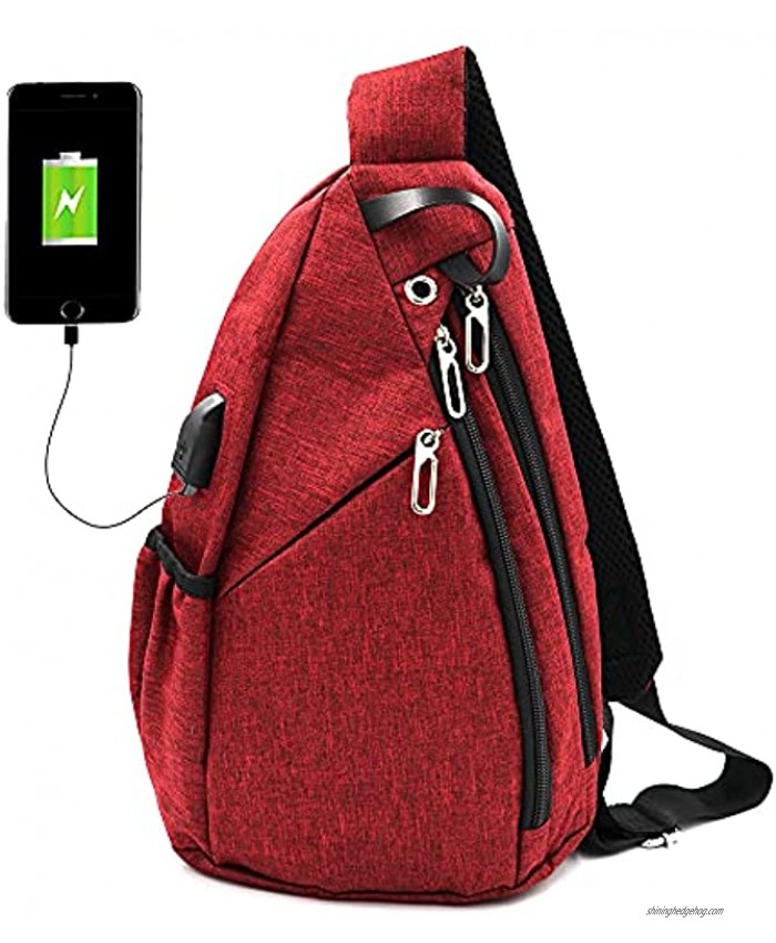 NUFR Sling Bag Crossbody Backpack for Women Men Waterproof Chest Shoulder Bag Daypack for Hiking Walking Biking Travel Cycling USB Charger Port Red
